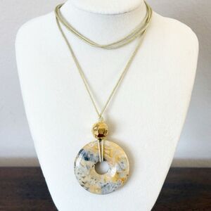 Disc Pendant Carved Bead Donut Shape Boho Long Necklace Rope Chain 32”